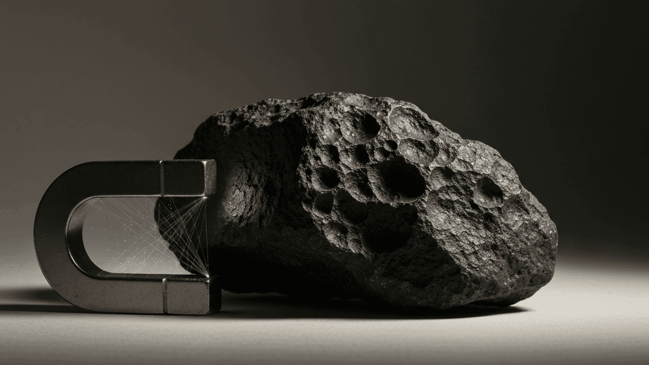 A dark pitted rock beside a magnet on a neutral background