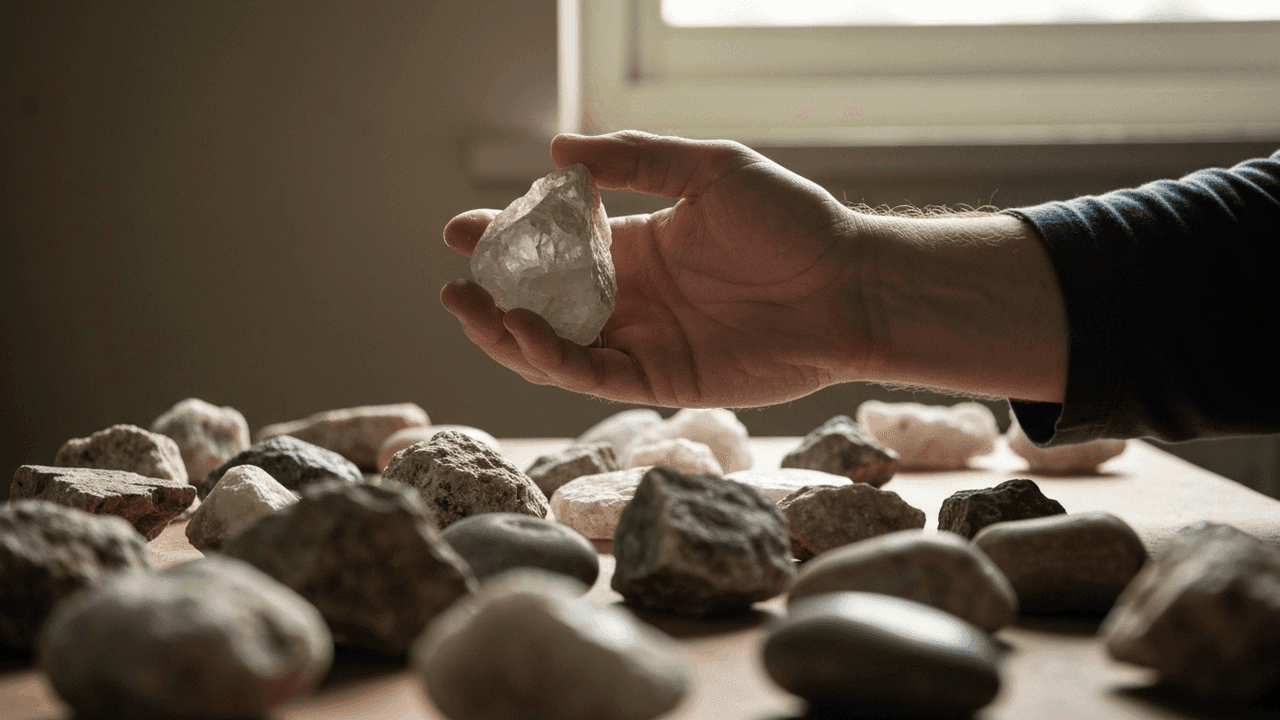 A hand holding a rough mineral up to the light over a table of stones