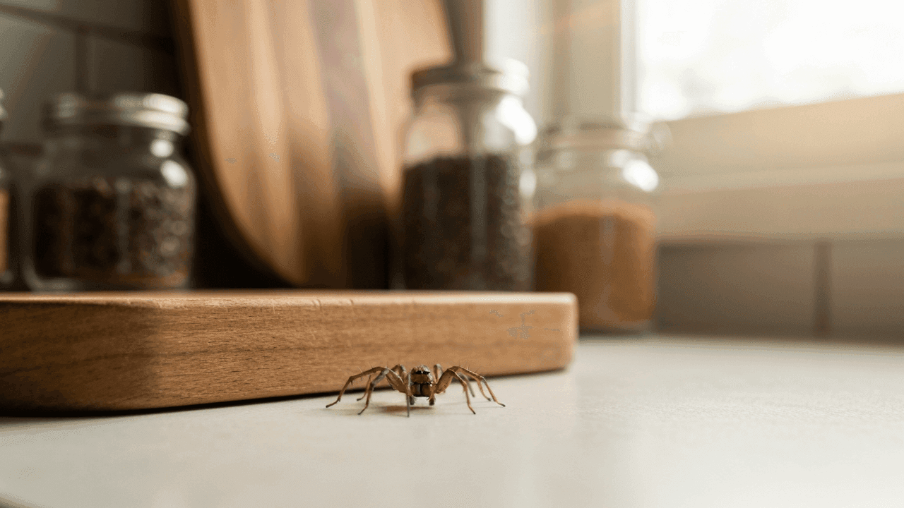 A small insect on a light kitchen countertop near pantry jars